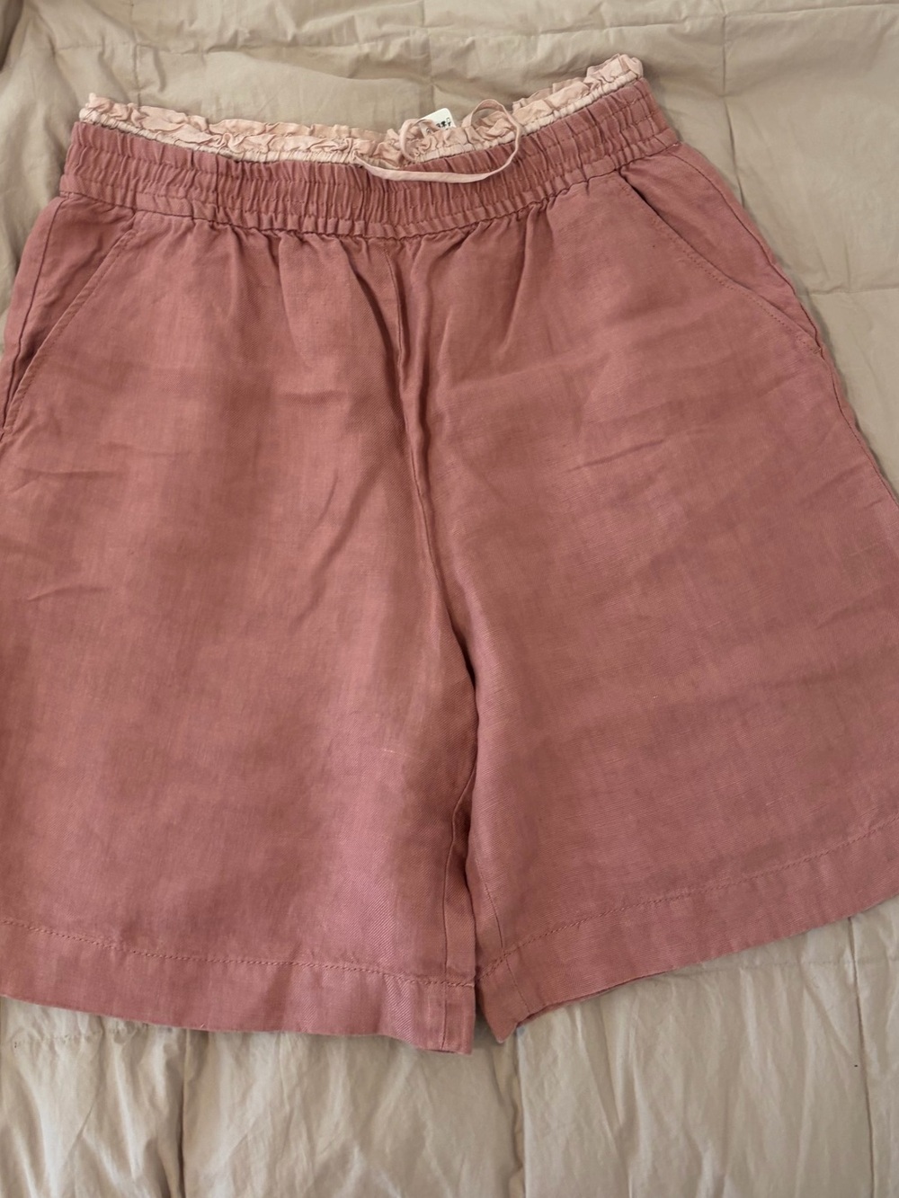 Zara Washed Rose Pink Linen Elastic Waist Shorts Sz M